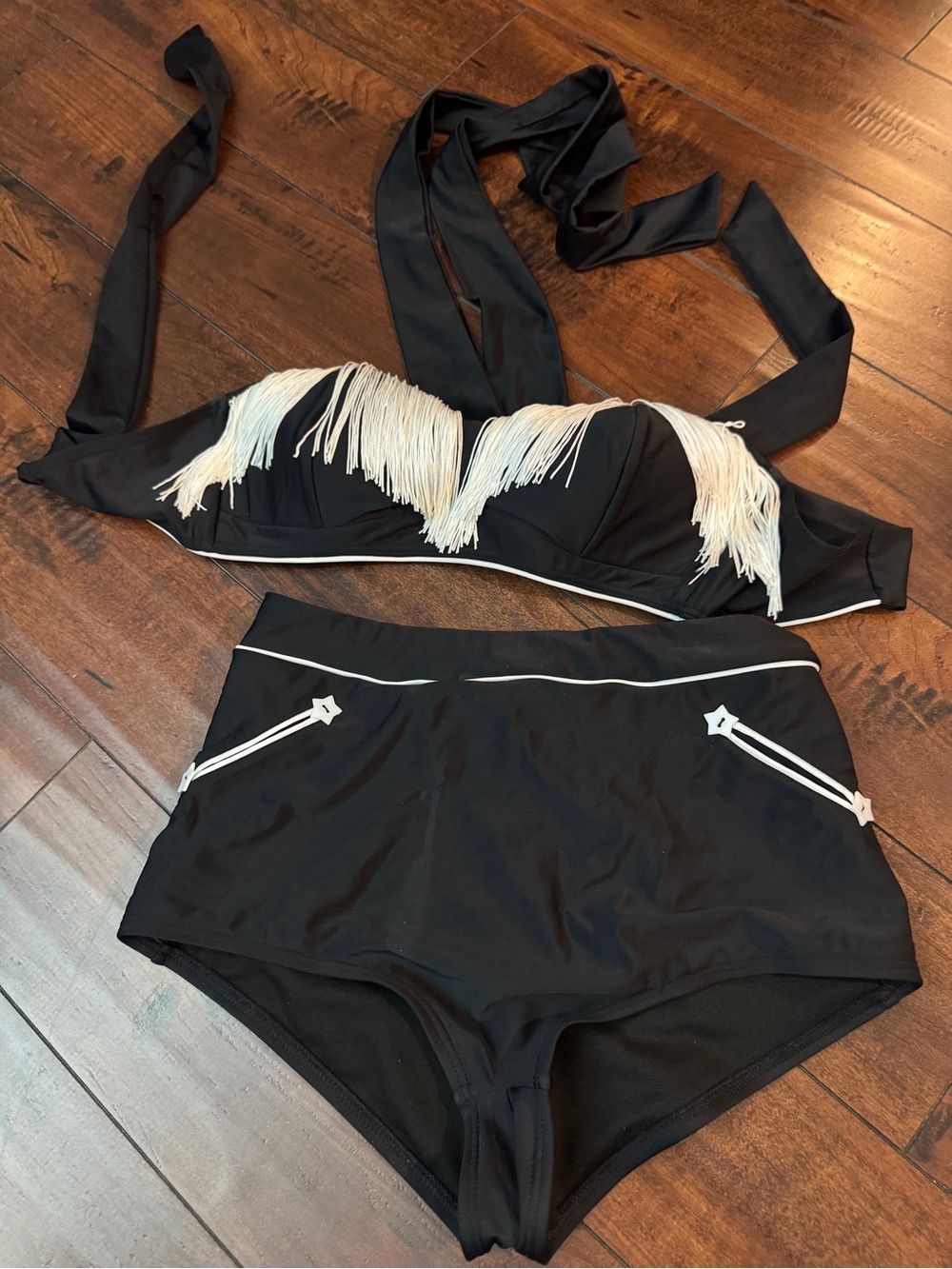Unique Vintage Black Fringe High-Waist Bikini Set with White Trim